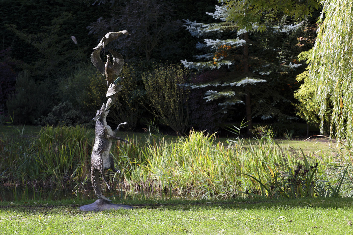 Bronze Garden Sculpture fox and ducks by Belinda Sillars